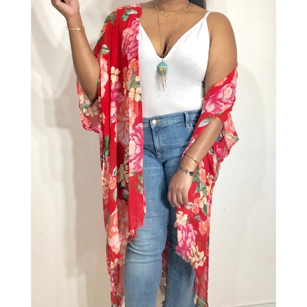 Sheer Floral Print Open Front Raw Edge Kimono - Picture 6 of 8